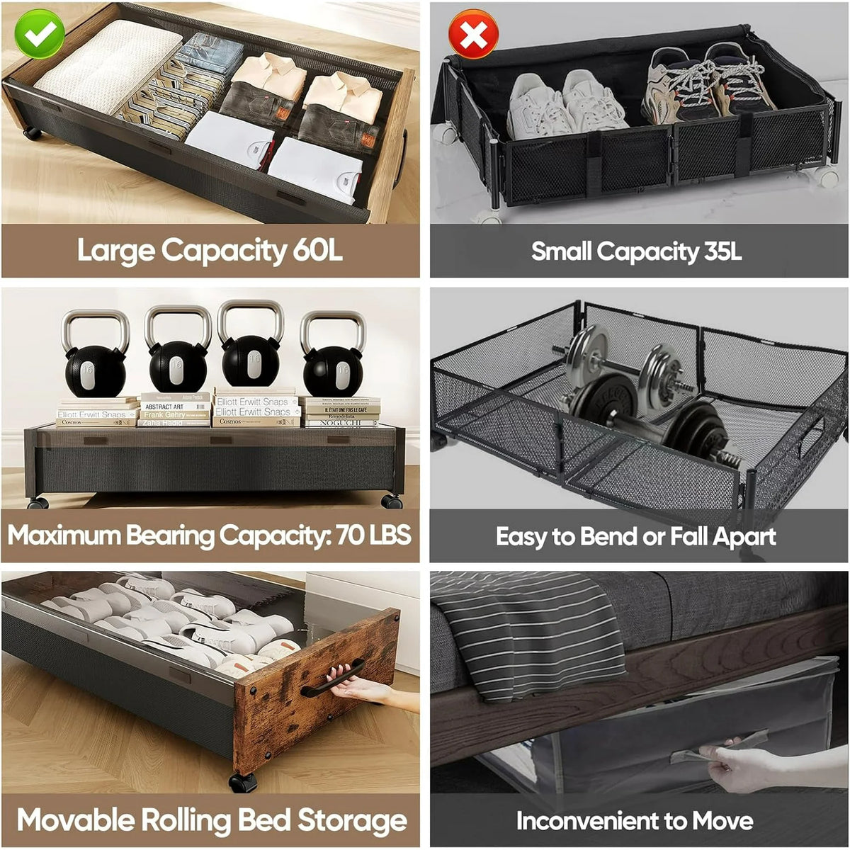 80L Extra-large Rolling Under Bed Storage Bins 2 Pack with Removable Lid M1224