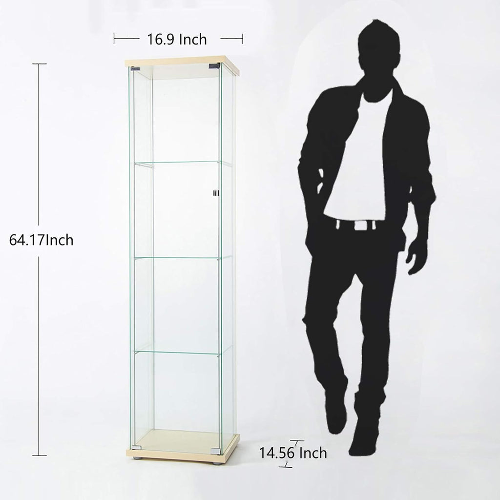 Curio Cabinet with Glass Doors 4 Shelves Glass Display Cabinet, 64”x 17”x 14.5”, Nature Wood R991