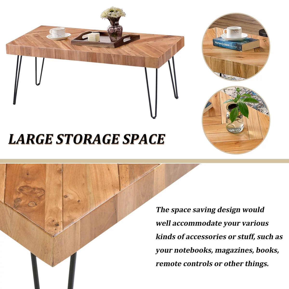 Modern Coffee Table with Chevron Pattern and Metal Hairpin Legs Y82430