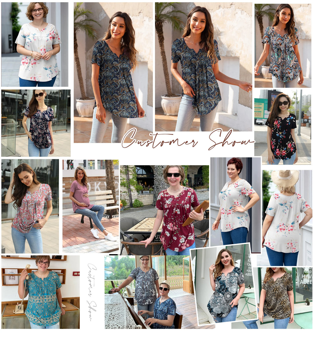 Womens Plus Size Tunic Tops Short Sleeve Floral Henley Shirts C22830
