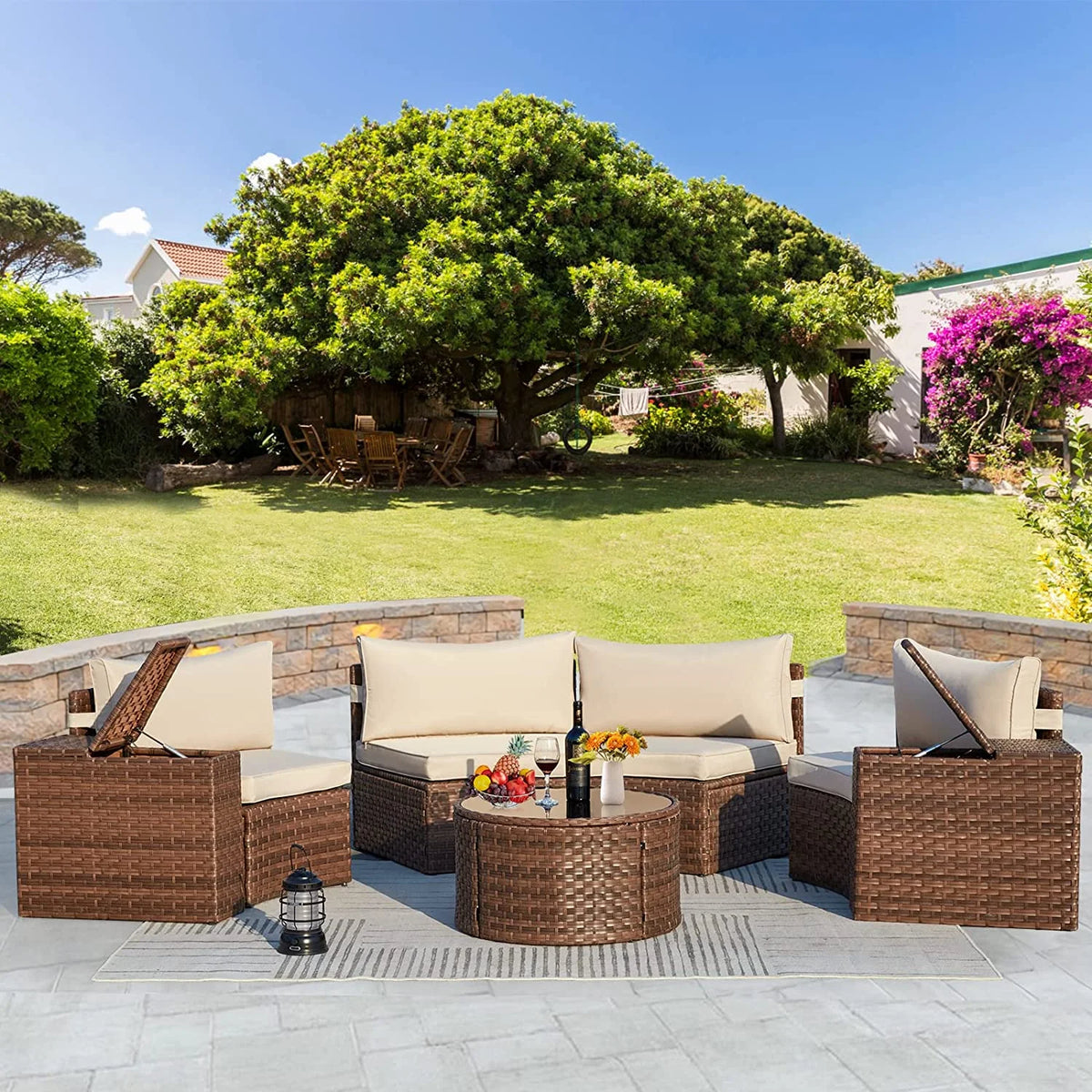 7 Piece Outdoor Patio Sectional Sofa Set with Storage Armrest G46069