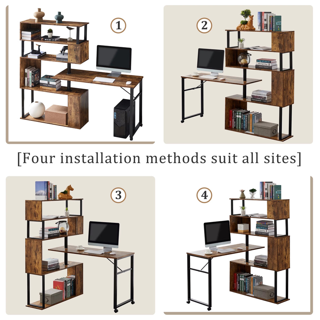 L-Shaped Corner Computer Desk with 5-Tier Bookshelf S677
