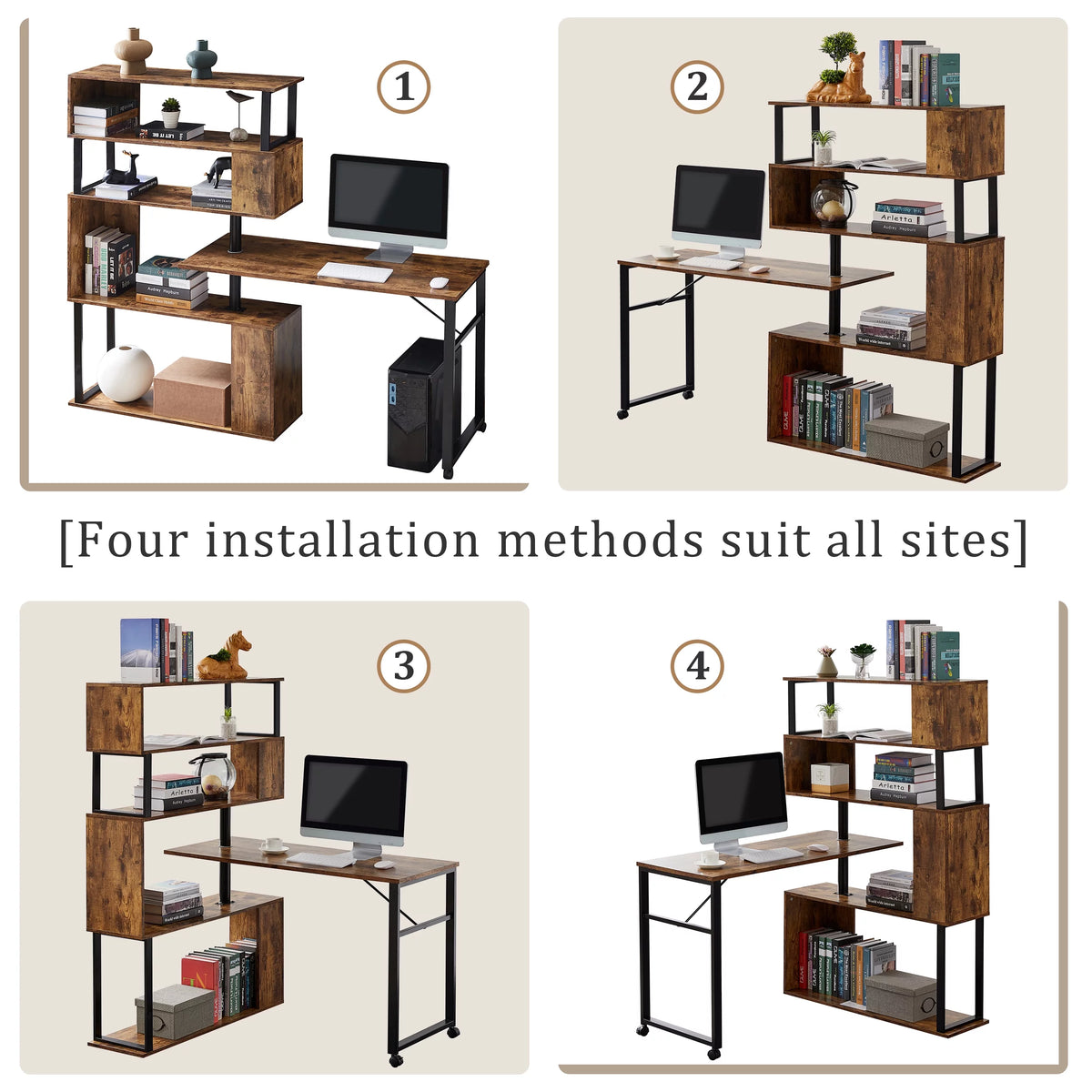 L-Shaped Corner Computer Desk with 5-Tier Bookshelf S677