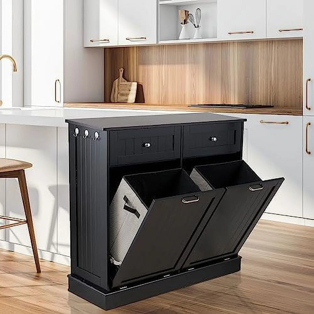 Double Tilt Out Trash Cabinet Laundry Hamper 20 Gallon Black G1050