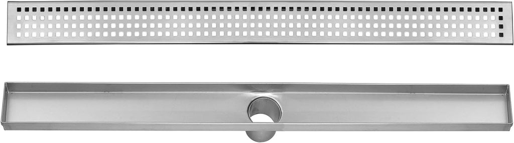 Stainless Steel Linear Drain with Square Pattern Grate Shower Drain Kit (28 x 2.75 Inches) B2800