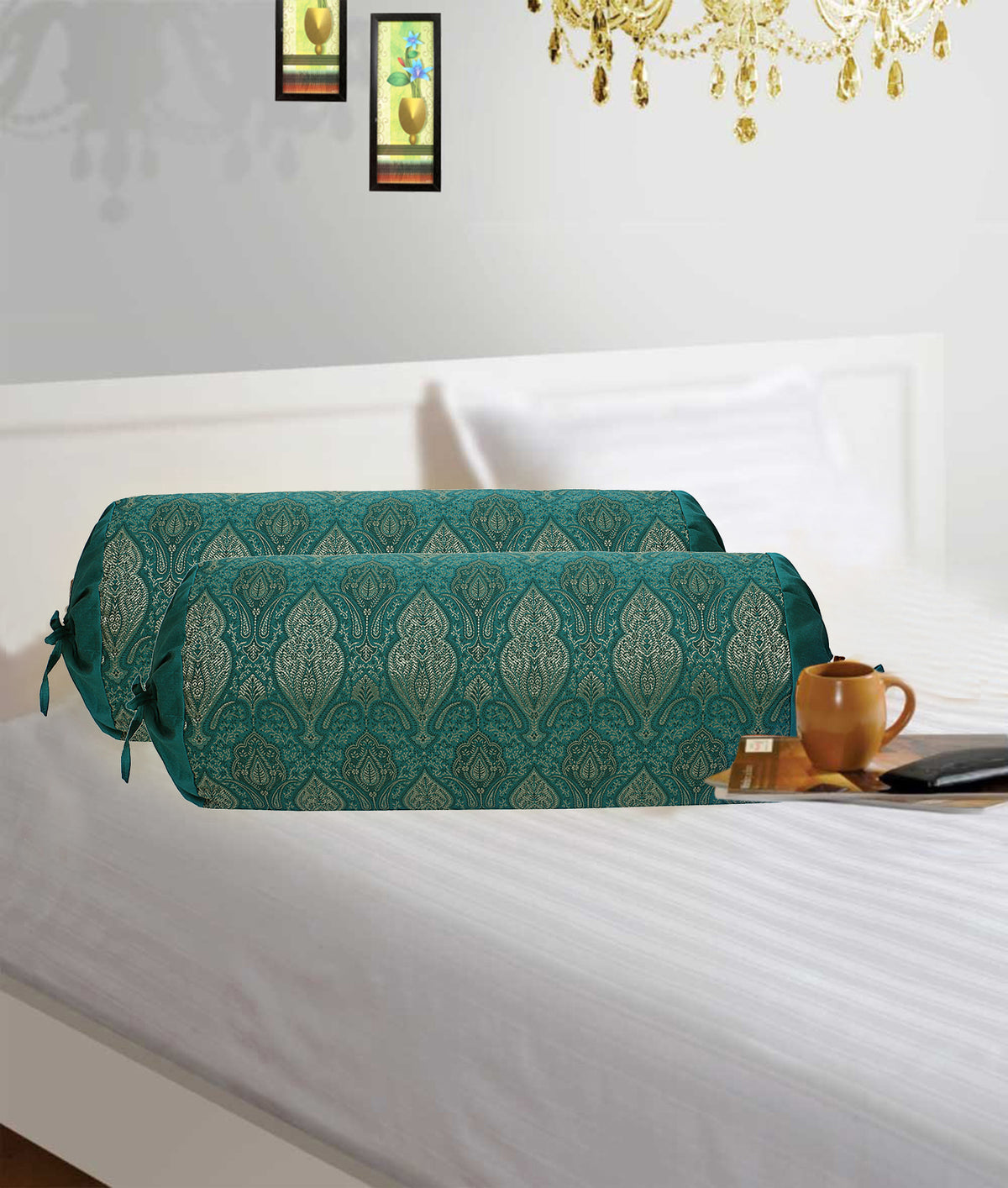 Emerald Green Silk Jacquard Bolster Pillow Covers Set of 2 Pcs Z43115