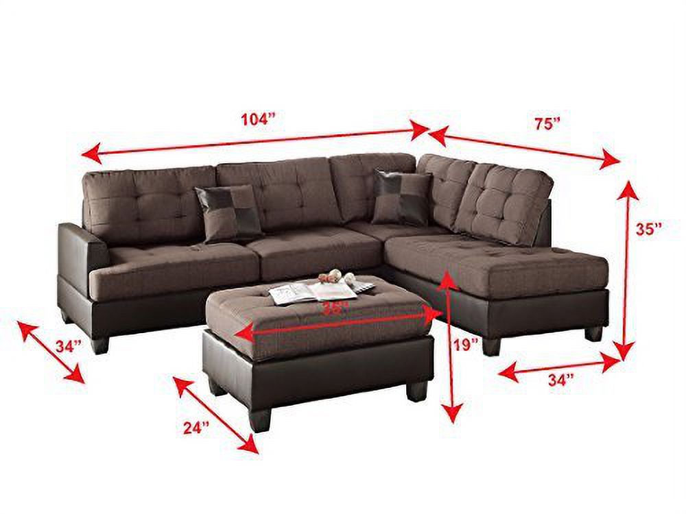 Chocolate Linen-Like Fabric Reversible Sectional Sofa Chaise Ottoman Set with 2 Accent Pillows U7912
