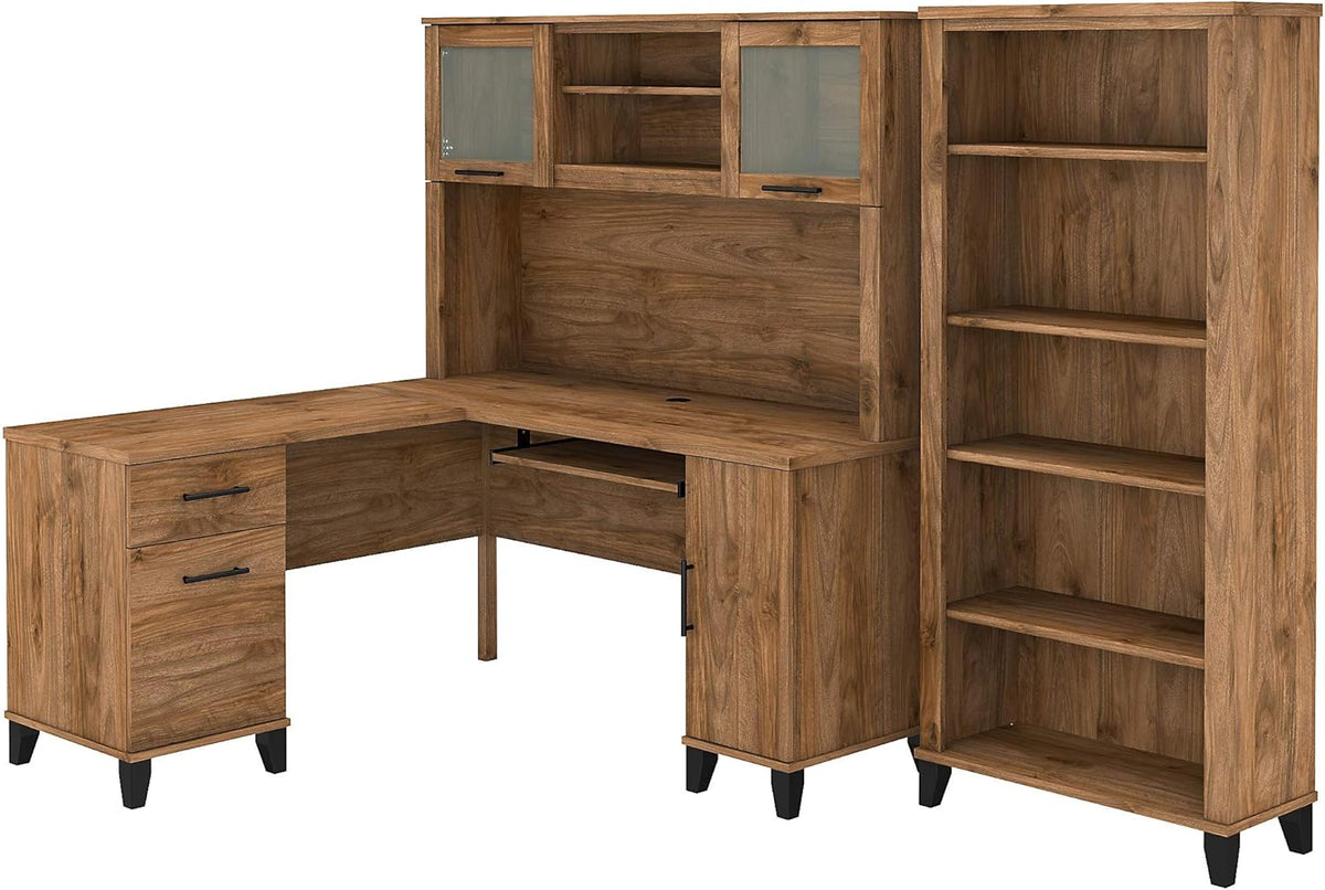 L Shaped Desk with Hutch and 5 Shelf Bookcase S10496