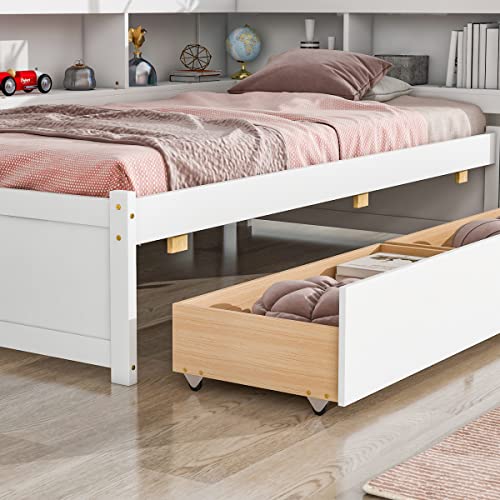 White Pine Wood Twin Size Platform Bed with L-shaped Bookcase Headboard and 2 Storage Drawers I777