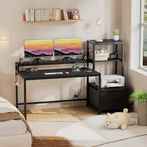 Walnut Computer Desk with Drawers and Storage Shelves S737