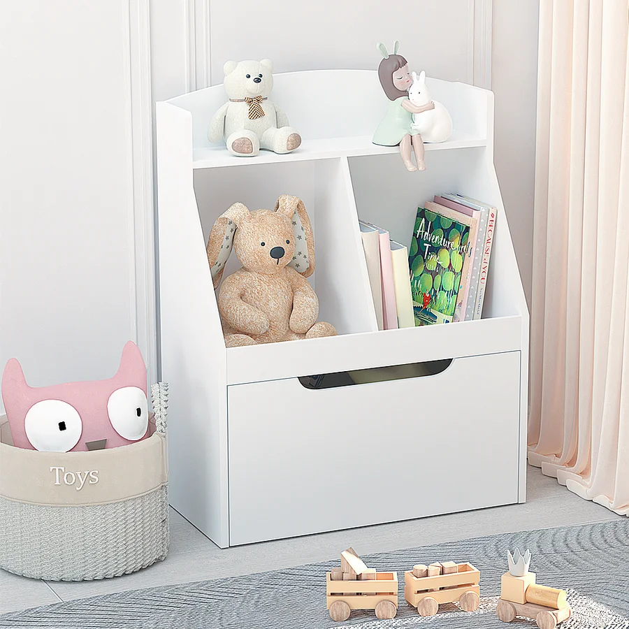 White Wooden Kids Bookcase with Toy Box on Wheels N530689