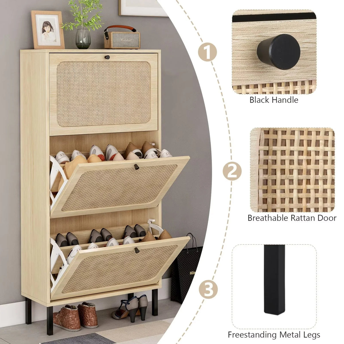 3 Flip Drawer Rattan Shoe Cabinet with Adjustable Shelves C36486