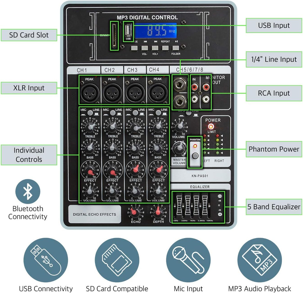 8 Channel Bluetooth PA System with Wired Microphone and Tripods F29029