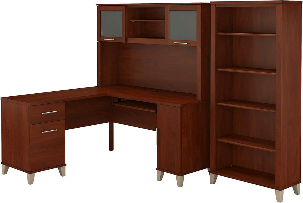 L Shaped Desk with Hutch and 5 Shelf Bookcase S10496