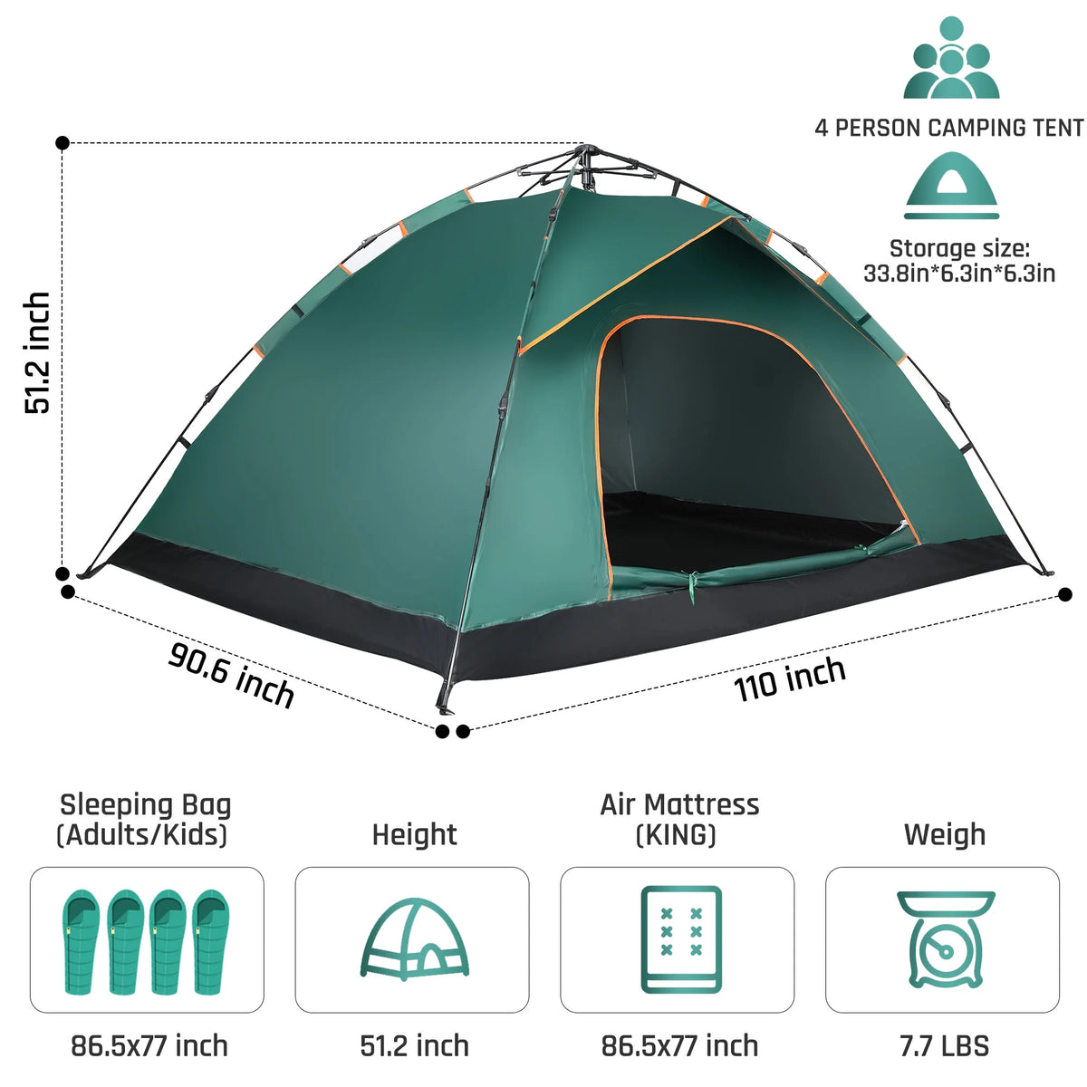 4 Person Pop up Camping Tent, Green Z95642