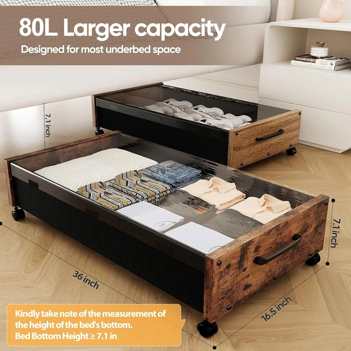 80L Extra-large Rolling Under Bed Storage Bins 2 Pack with Removable Lid M1224