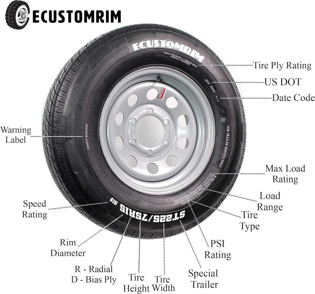Radial Trailer Tire On Rim ST225/75R15 6 Lug Wheel Galvanized Spoke S9763
