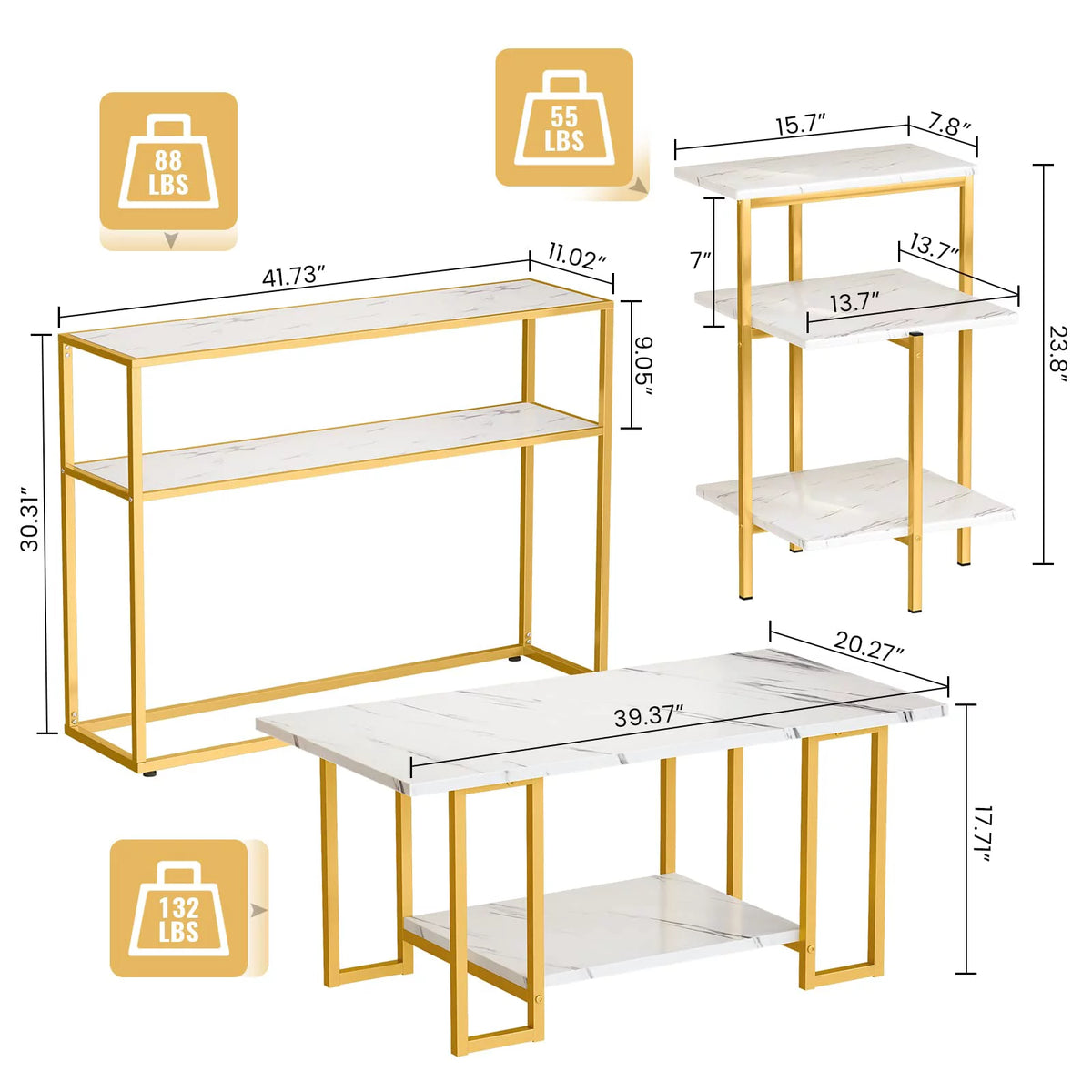 Gold Coffee Table Set of 3 with Metal Frame P8887