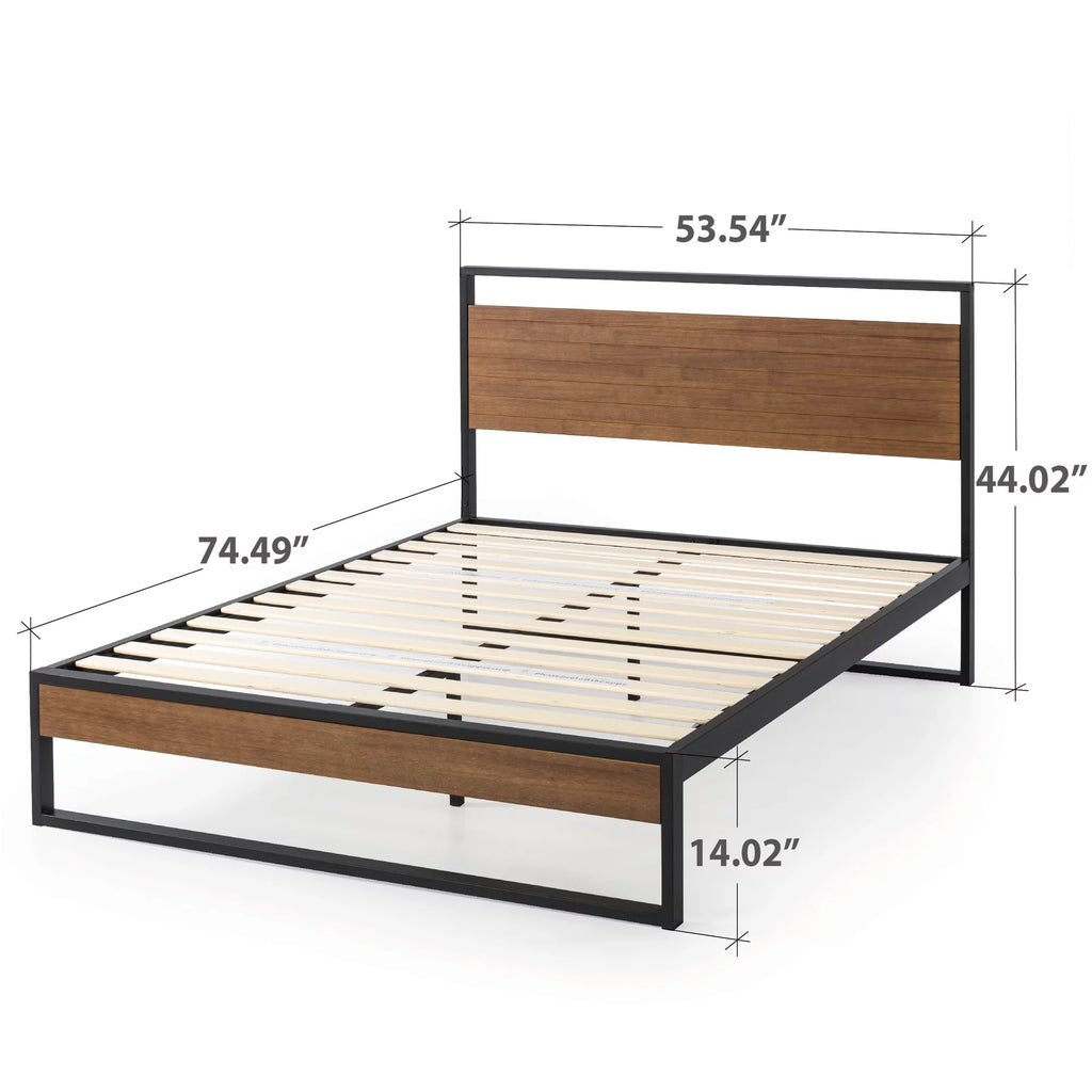 Metal and Wood Platform Bed Frame with Headboard, Chestnut Brown, Full Y4403