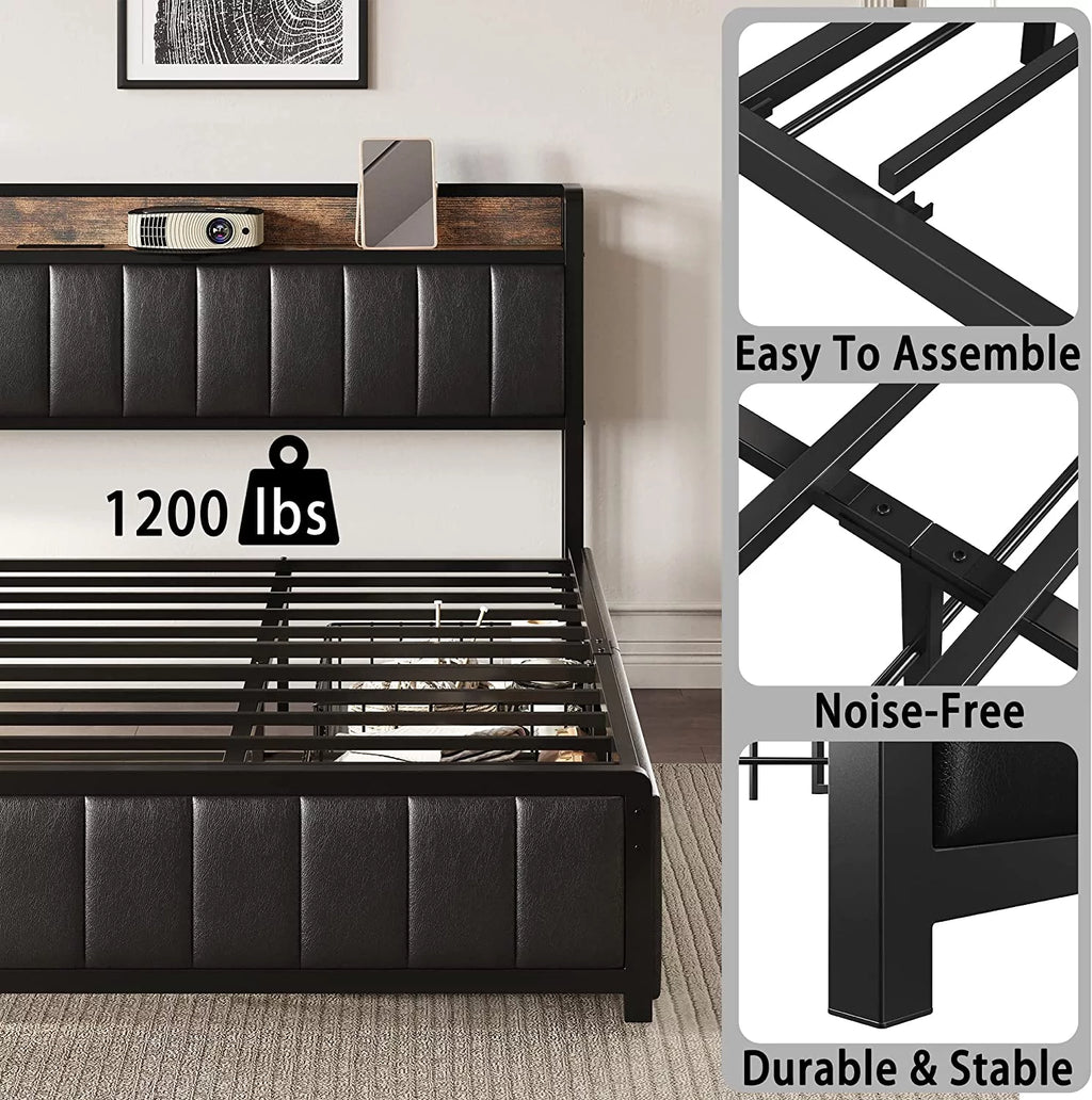 King Bed Frame with Storage Drawers and Upholstered Platform Bed I470