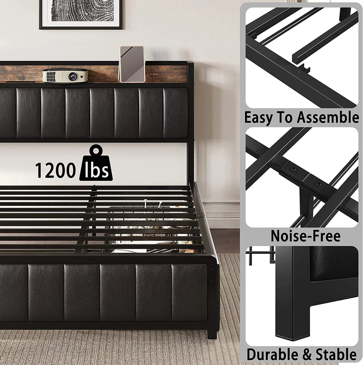 King Bed Frame with Storage Drawers and Upholstered Platform Bed I470