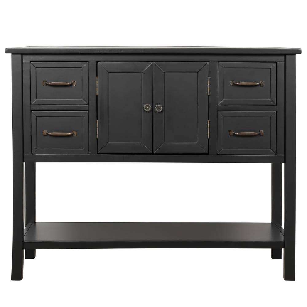 Black Rectangle Solid Wood Console Table with 4-Drawers G41351