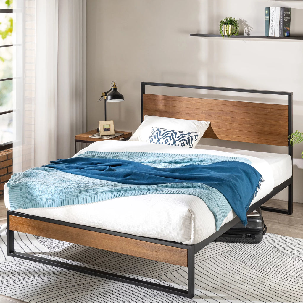 Metal and Wood Platform Bed Frame with Headboard, Chestnut Brown, Full Y4403