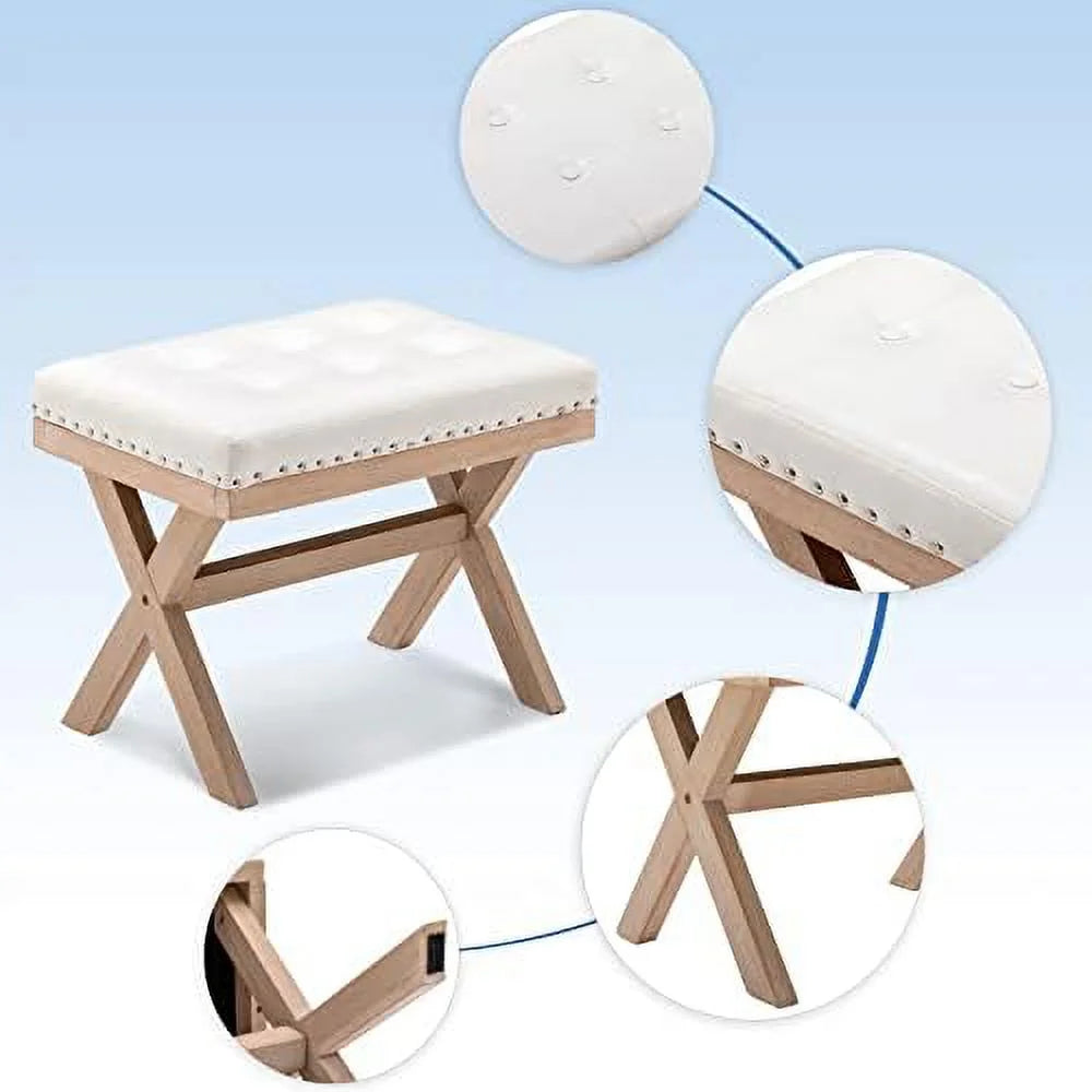 Burlap Linen Fabric Upholstered Bench Ottoman with X-Shaped Wooden Legs S23771