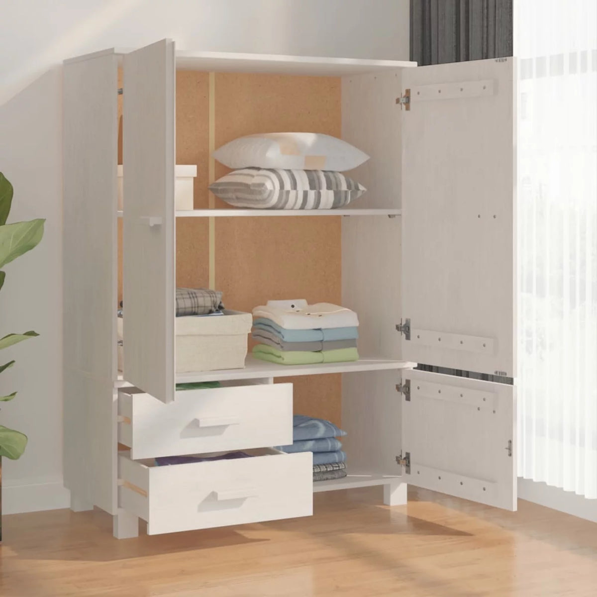 Pine Wood Wardrobe with Doors and Drawers K62272