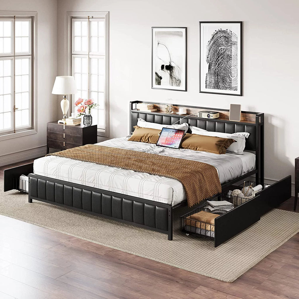 King Bed Frame with Storage Drawers and Upholstered Platform Bed I470