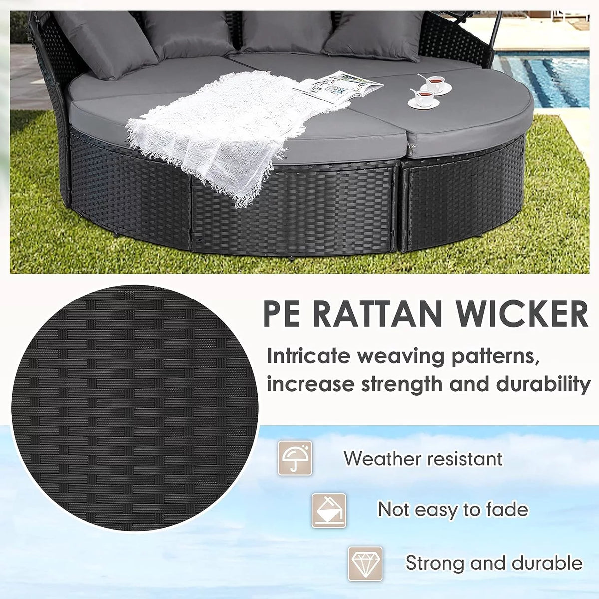 4 Piece Black Wicker Outdoor Daybed Set with Cushions M542177