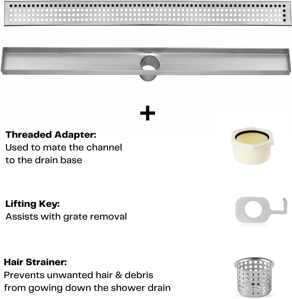 Stainless Steel Linear Drain with Square Pattern Grate Shower Drain Kit (28 x 2.75 Inches) B2800