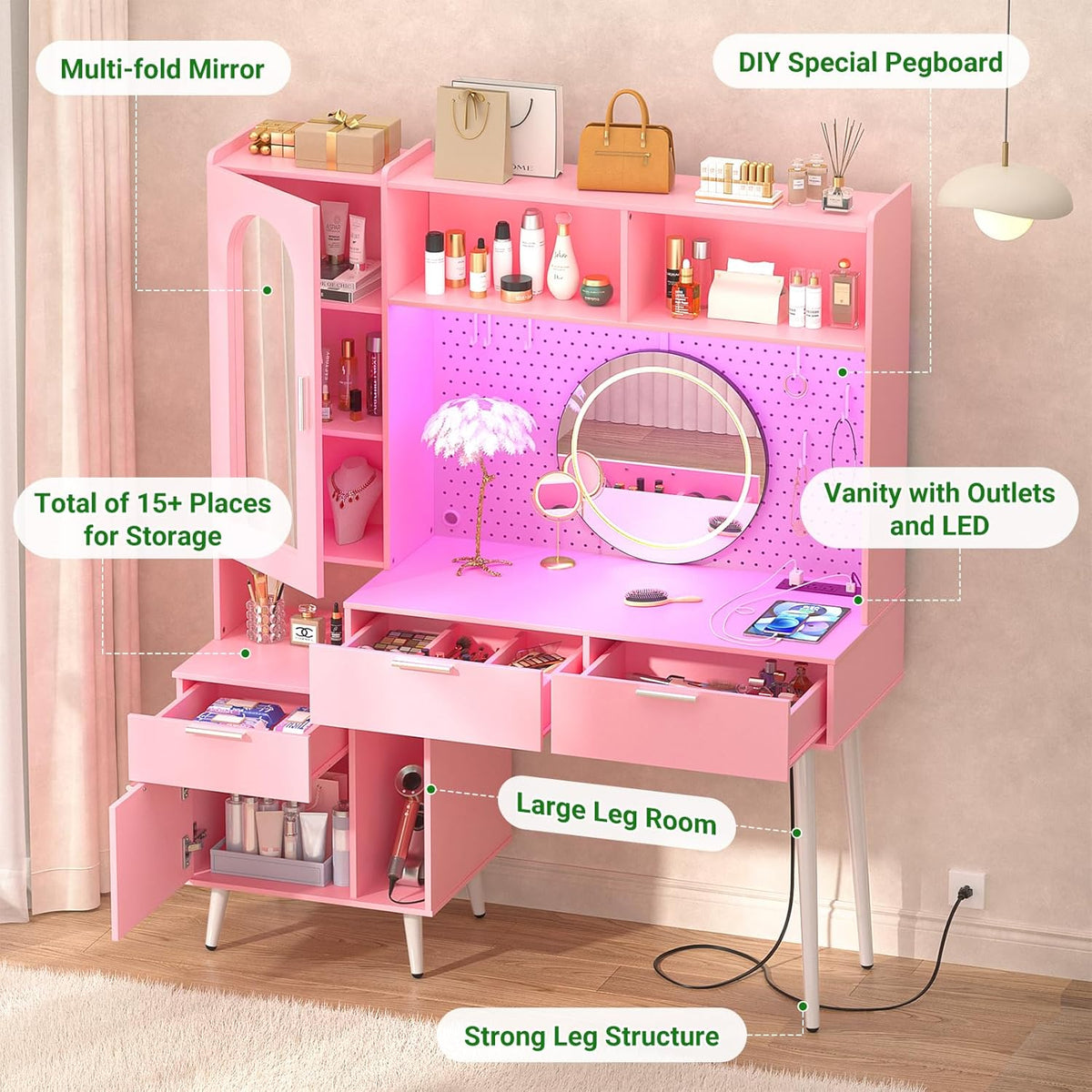 48 Inch Pink Vanity Desk with Mirror, LED Light, Charging Station, Drawers, Cabinet, Pegboard, Shelves, Storage Hutch B8214