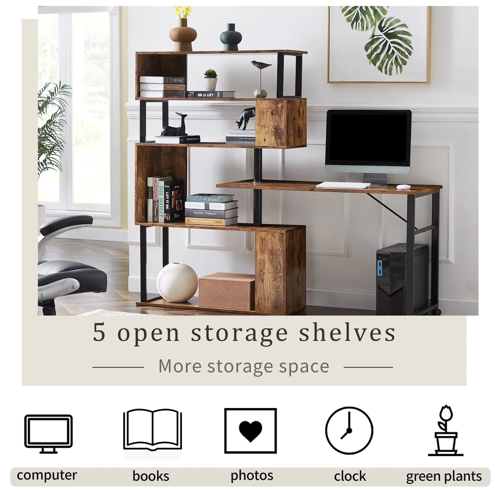 L-Shaped Corner Computer Desk with 5-Tier Bookshelf S677