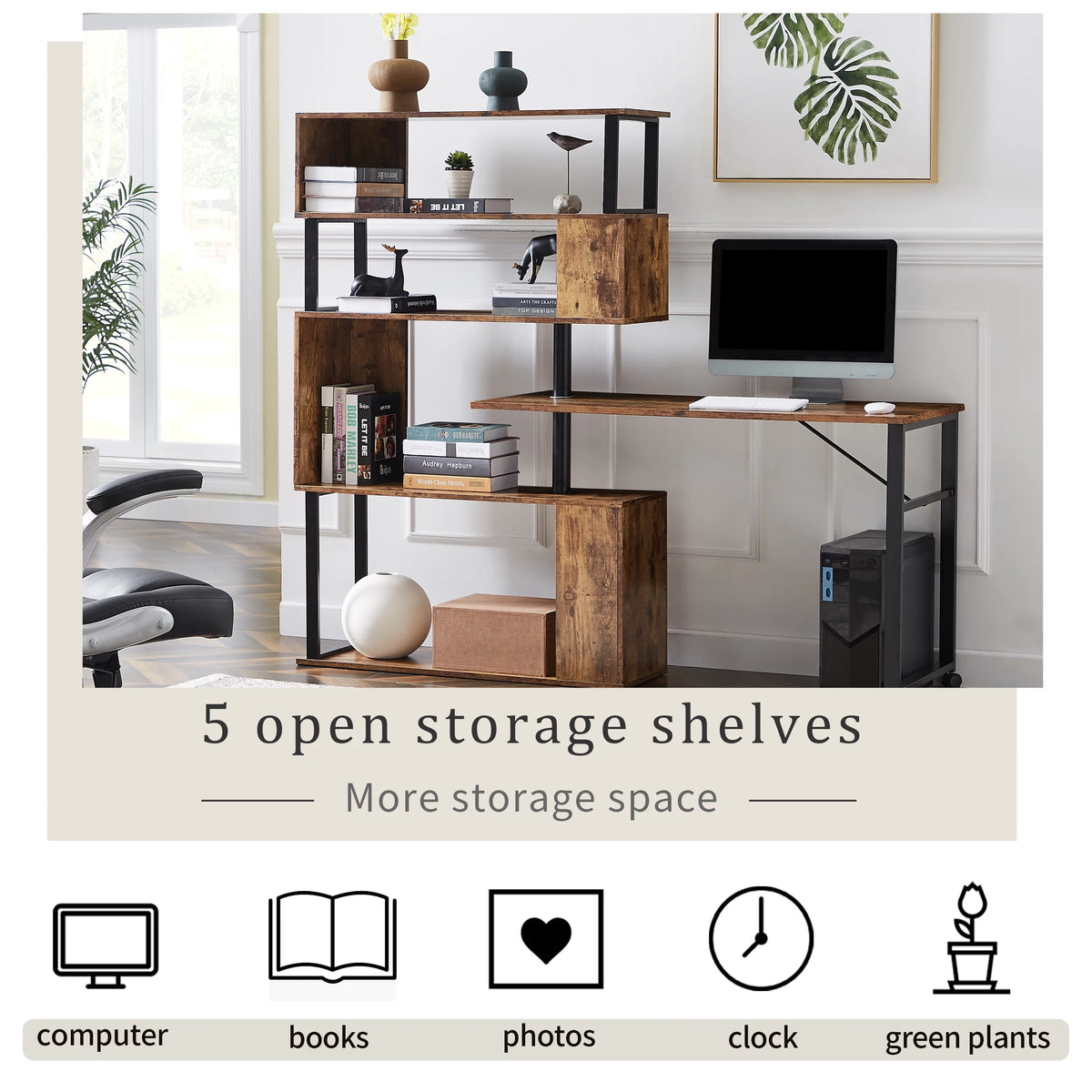 L-Shaped Corner Computer Desk with 5-Tier Bookshelf S677