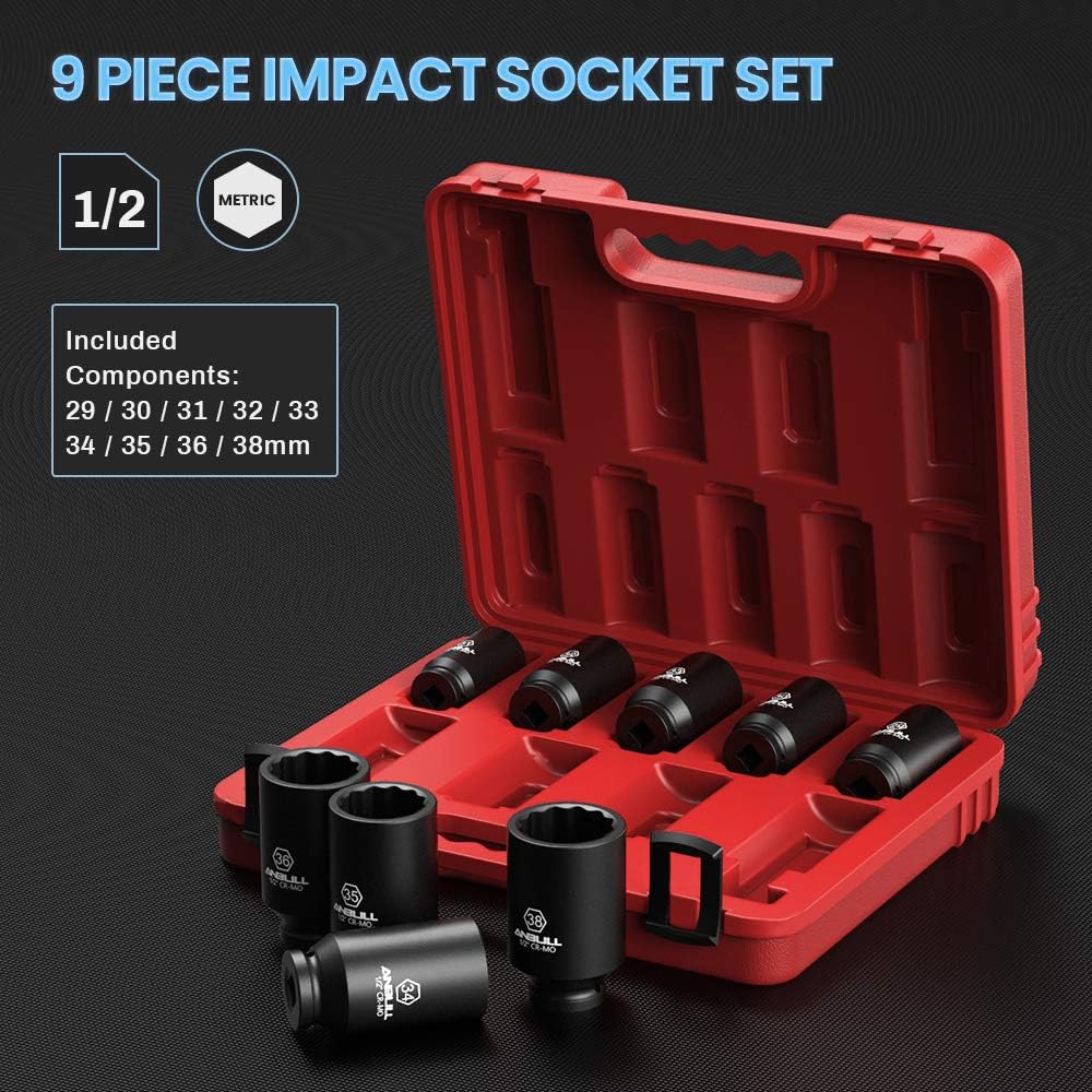 1/2 Inch 9PCS Deep Impact Socket Set 29mm-38mm with Storage Case G4636