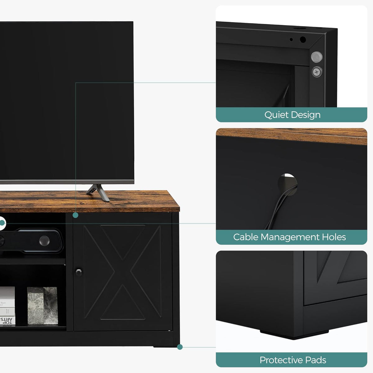 Rustic Brown and Black TV Stand with Open Shelves and 2 Cabinets I85755