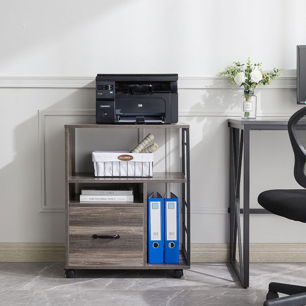 Rolling File Cabinet with Drawer and Open Storage Shelves R752484
