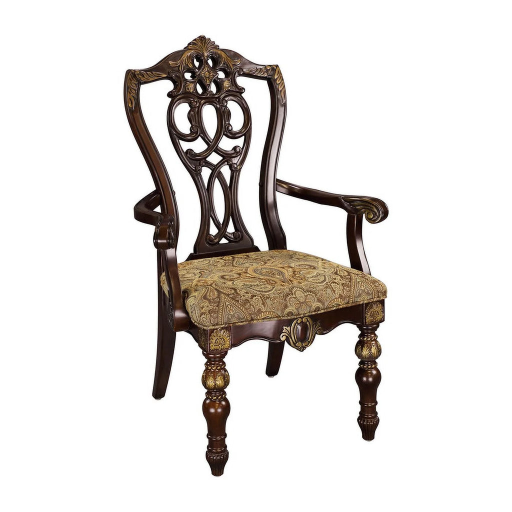 Fabric Upholstered Wooden Arm Chair Set of 2 Cherry Brown F3199
