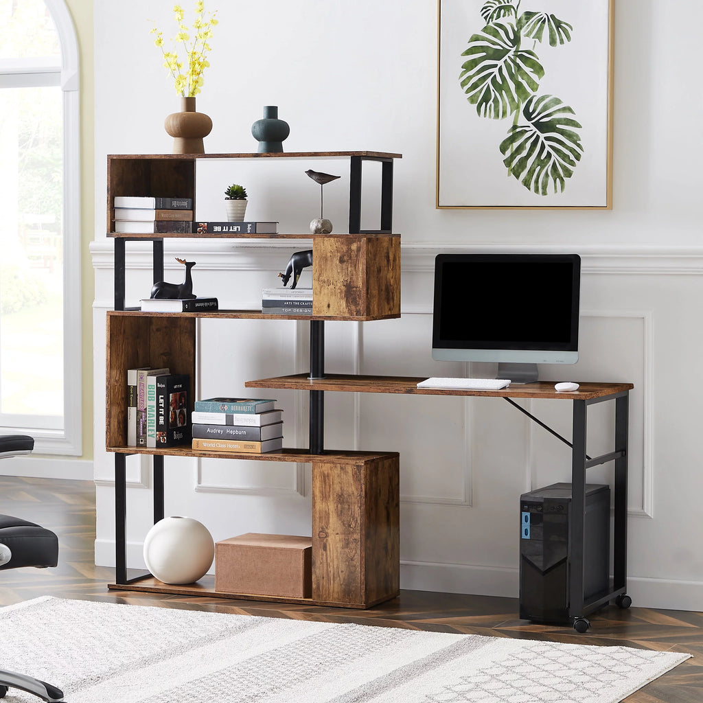 L-Shaped Corner Computer Desk with 5-Tier Bookshelf S677