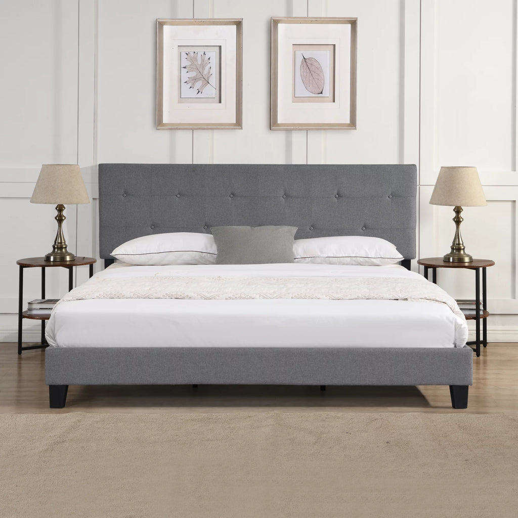 King Size Upholstered Platform Bed Frame with Linen Headboard L13103