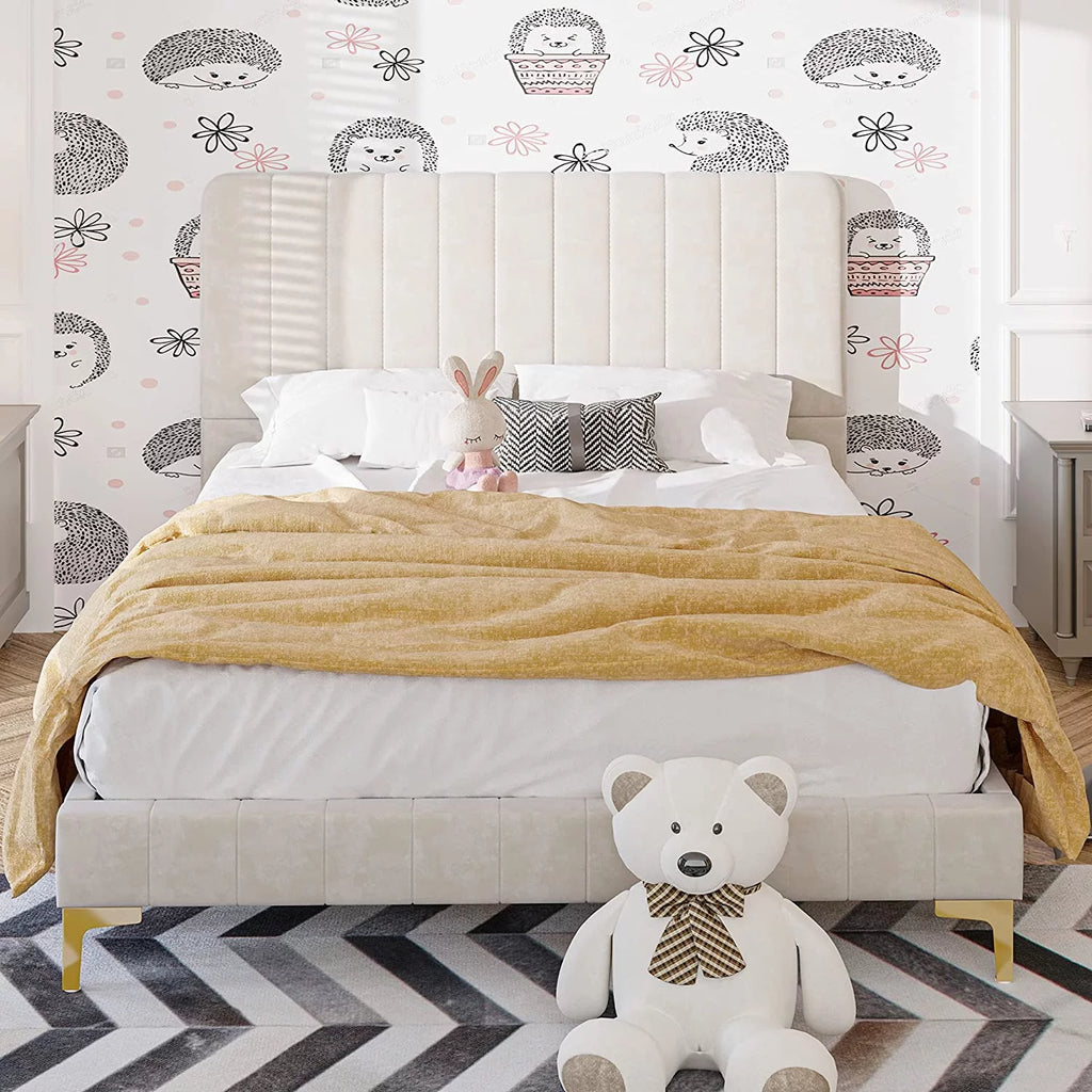 Beige Upholstered Full Size Platform Bed with Headboard B493751