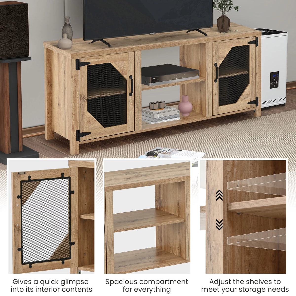 Natural Wood TV Stand with 2 Door Cabinet B618903