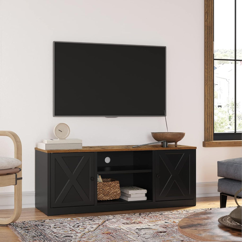 Rustic Brown and Black TV Stand with Open Shelves and 2 Cabinets I85755