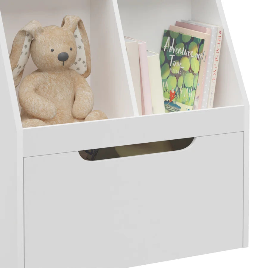 White Wooden Kids Bookcase with Toy Box on Wheels N530689