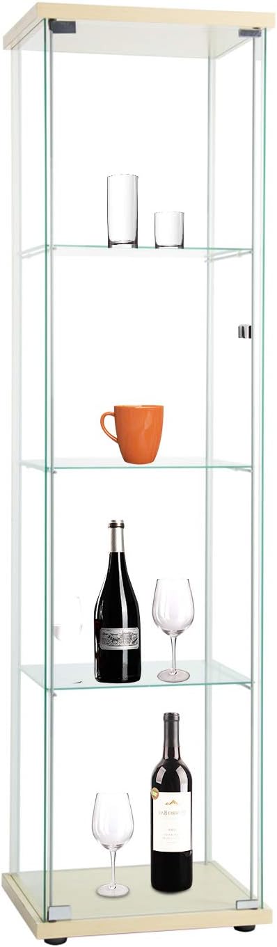 Curio Cabinet with Glass Doors 4 Shelves Glass Display Cabinet, 64”x 17”x 14.5”, Nature Wood R991