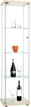 Curio Cabinet with Glass Doors 4 Shelves Glass Display Cabinet, 64”x 17”x 14.5”, Nature Wood R991