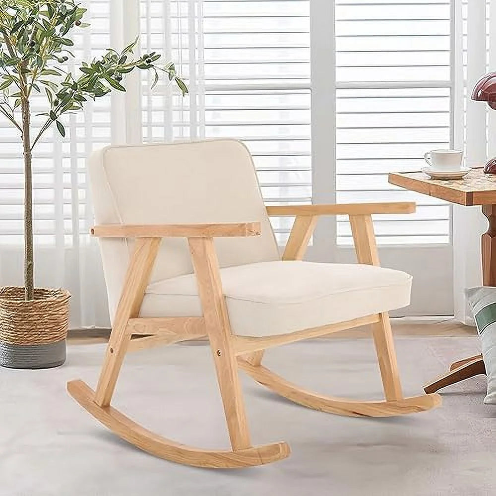 Beige Walnut Upholstered Rocking Chair with Solid Wood V372