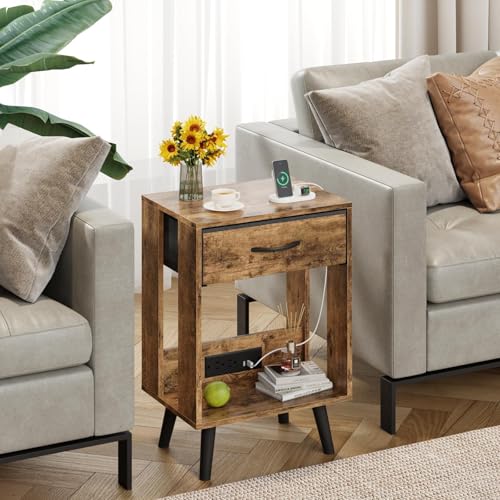 Gray Nightstands Set of 2 with Fabric Drawer and Open Wood Shelf V389