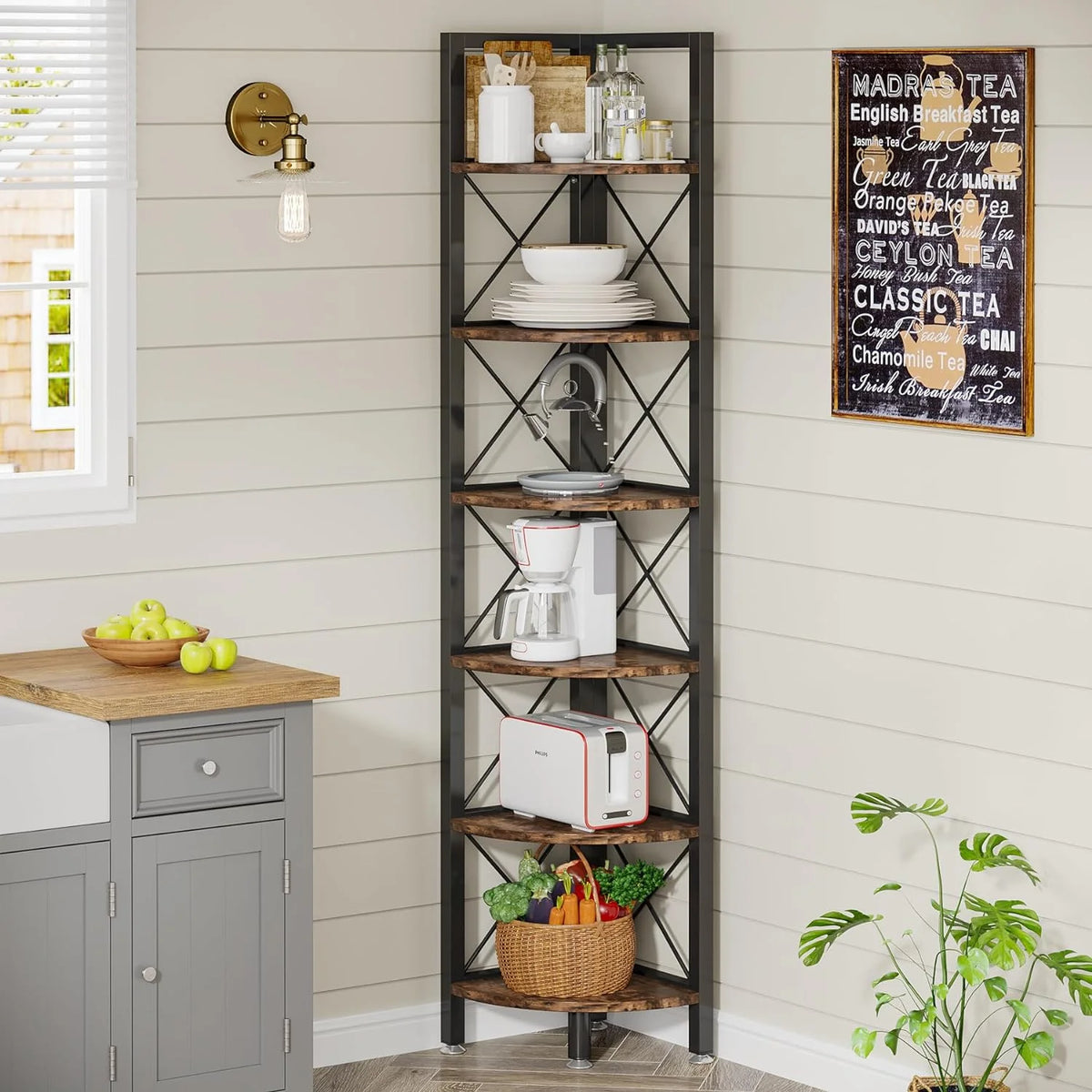 6 Tier Corner Shelf Rustic Corner Bookshelf Small Bookcase Corner Storage Rack Plant Stand K835244